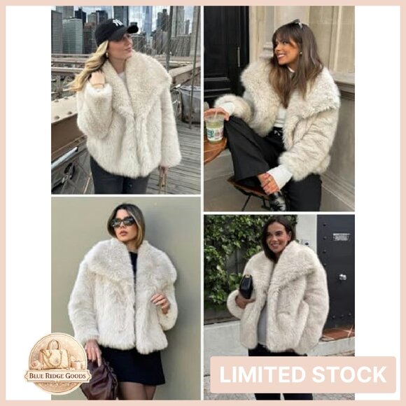 Faux Fur Coat Lapel Open Front Fluffy Shaggy Jacket Winter Warm Overcoat - Picture 7 of 8